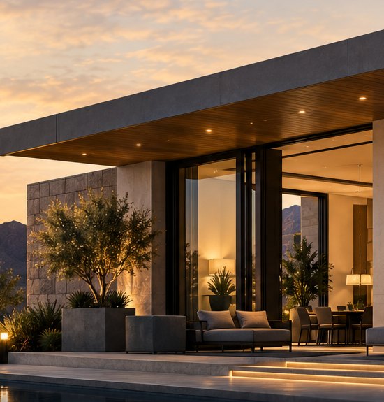 A modern Arizona home at dusk with warm interior lighting